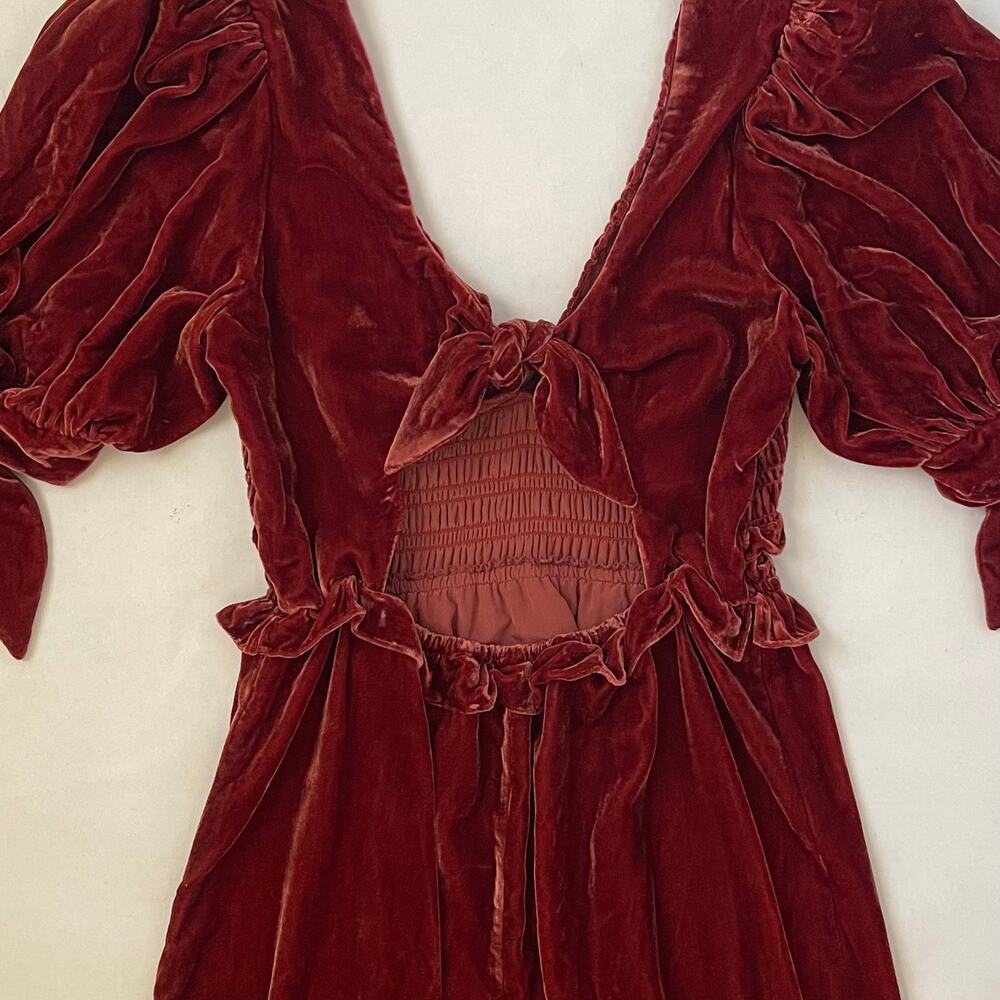 NWT Sea New York Mayde Velvet Puff Sleeve Smocked Midi Dress - Burgundy - Size M - Picture 6 of 8